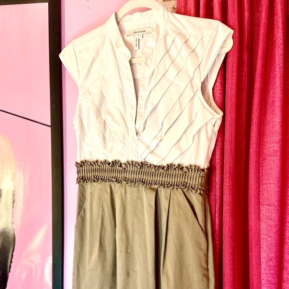 Max & Cleo Midi Business Dress Pleated White Bust Ruffled Waist Taupe Women’s 8 - Picture 2 of 5